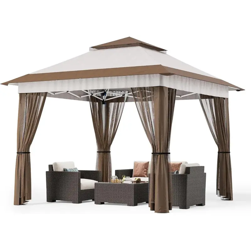 Gizoon Carpa Gazebo Plegable de 11x11 pies con Mosquitera, Gazebo de Montaje Instantáneo, Carpa para Fiestas con Bolsa de Transporte con Ruedas, Toldo Plegable para Fiestas, Patios, Jardines y Terrazas — Gris