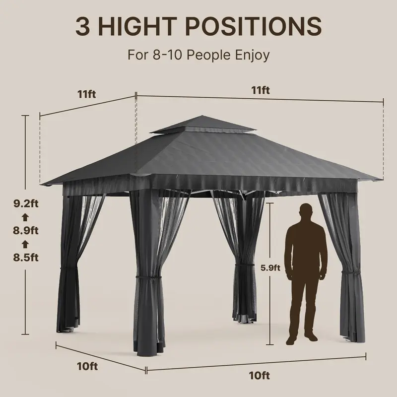 Gizoon Carpa Gazebo Plegable de 11x11 pies con Mosquitera, Gazebo de Montaje Instantáneo, Carpa para Fiestas con Bolsa de Transporte con Ruedas, Toldo Plegable para Fiestas, Patios, Jardines y Terrazas — Gris