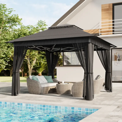 Gizoon Carpa Gazebo Plegable de 11x11 pies con Mosquitera, Gazebo de Montaje Instantáneo, Carpa para Fiestas con Bolsa de Transporte con Ruedas, Toldo Plegable para Fiestas, Patios, Jardines y Terrazas — Gris