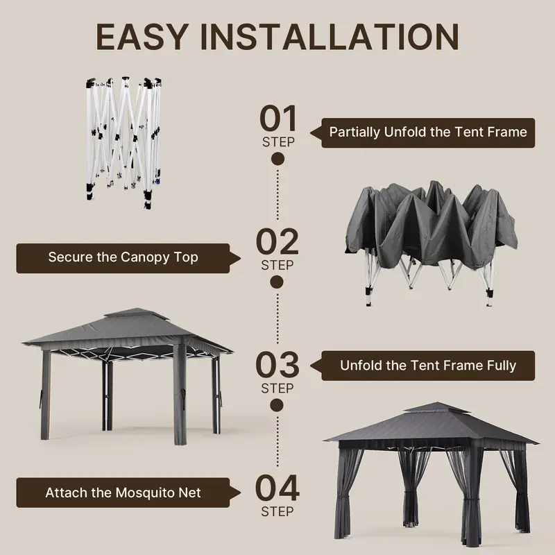 Gizoon Carpa Gazebo Plegable de 11x11 pies con Mosquitera, Gazebo de Montaje Instantáneo, Carpa para Fiestas con Bolsa de Transporte con Ruedas, Toldo Plegable para Fiestas, Patios, Jardines y Terrazas — Gris