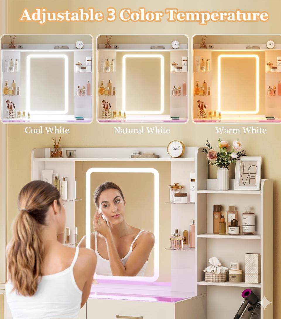 Vanity Desk with Mirror and LED Lights, 57.5" Makeup Vanity with Glass Top & Wireless Charging, Vanity with RGB Drawers, Power Outlet Safety Switch for Bedroom, White