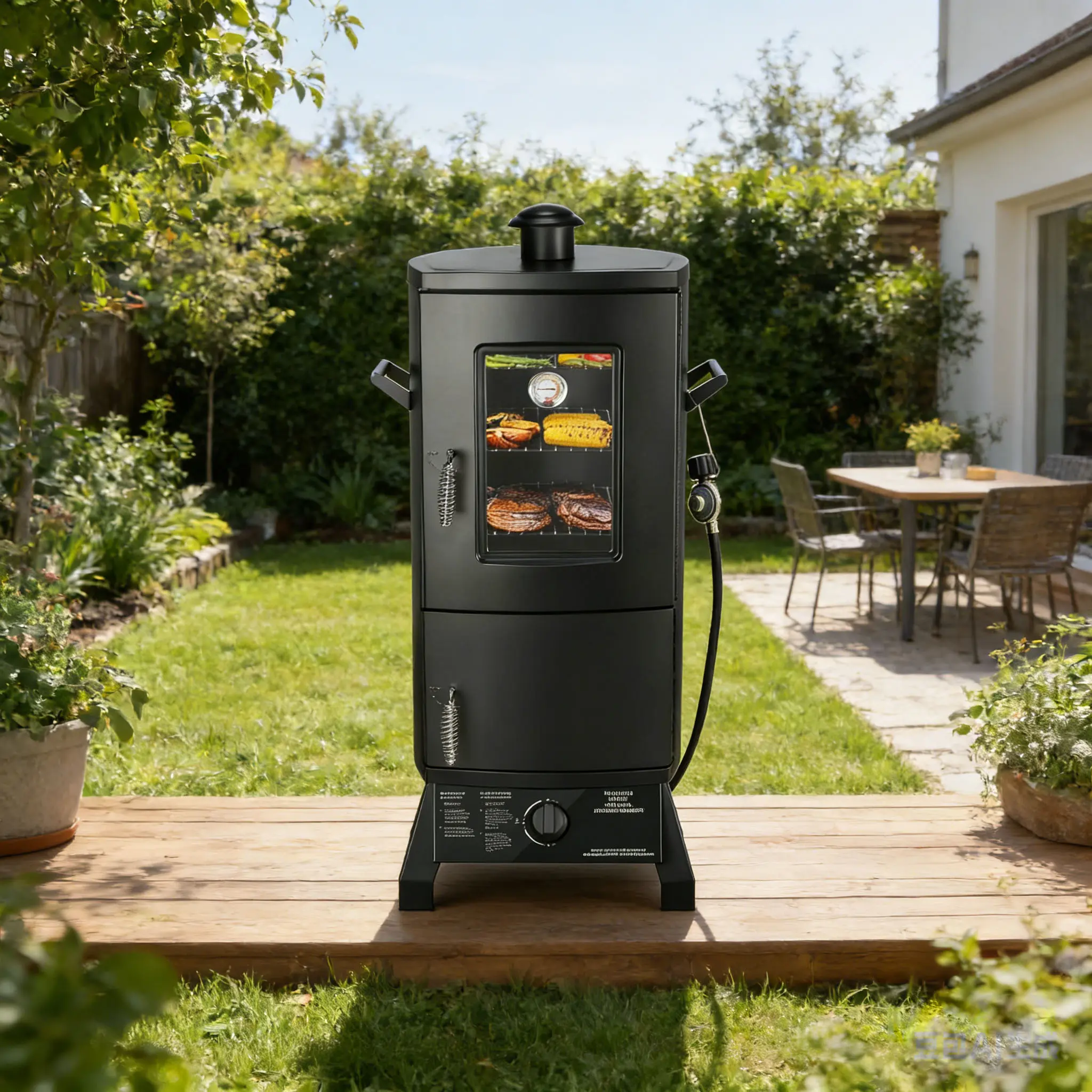 Ahumador vertical de propano con tapa, parrilla para barbacoa, tres estantes extraíbles, control de temperatura, acero de aleación
