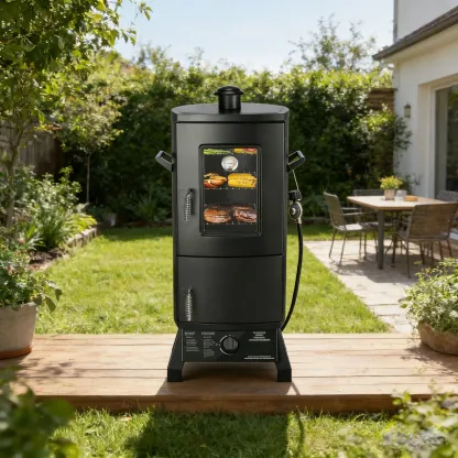 Ahumador vertical de propano con tapa, parrilla para barbacoa, tres estantes extraíbles, control de temperatura, acero de aleación