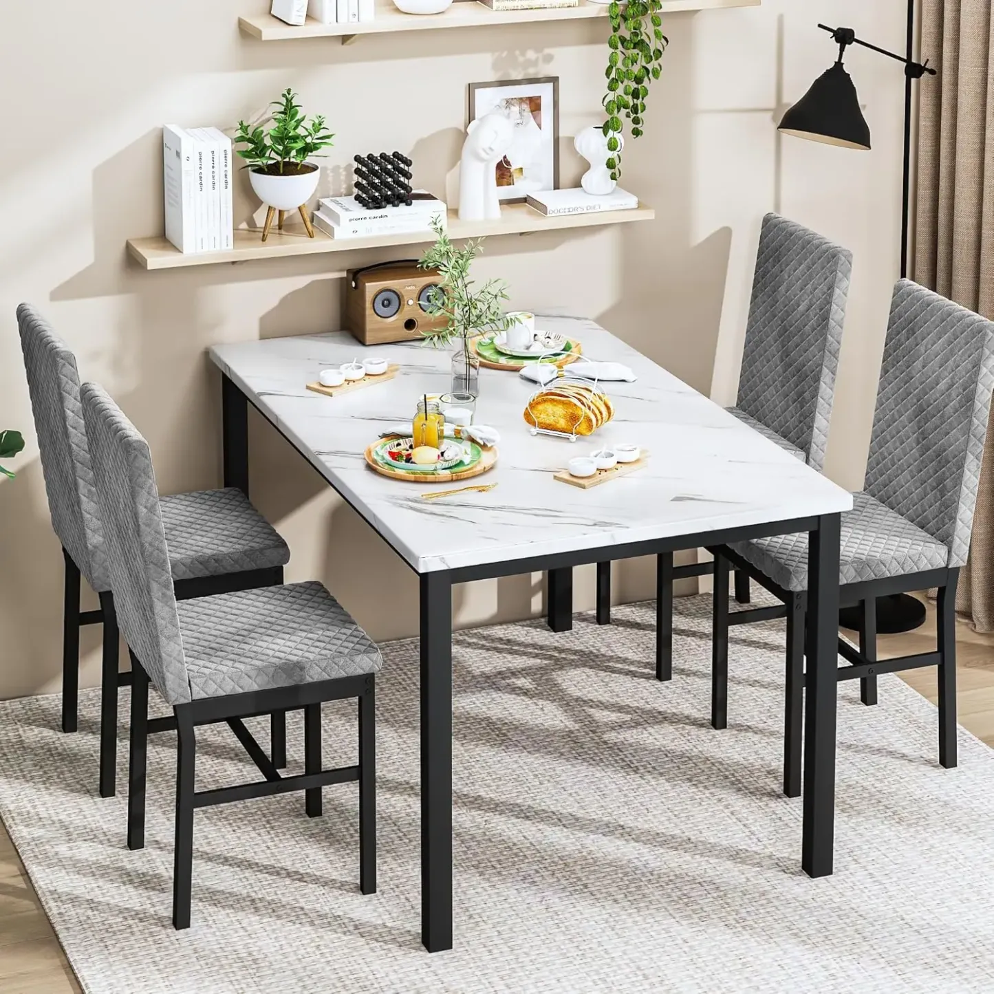 Juego de Comedor para 4 Personas, Mesa de Imitación Mármol 120x69 cm con 4 Sillas Tapizadas en Terciopelo, Altura 90 cm, Muebles Modernos y Ergonómicos para Hogar y Exterior