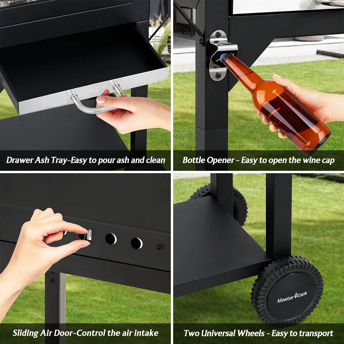 Parrilla de carbón con dos mesas laterales, de acero resistente, para barbacoa, ideal para picnics, patios y fiestas al aire libre, color negro