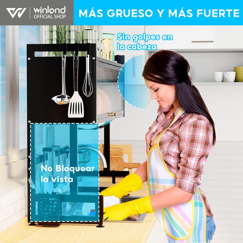 Escurridor De Trastes Acero Inoxidable 85cm Negro con Puertas Abatibles y Soporte para Cuchillos Antimanchas de Aceite y A Prueba de Polvo