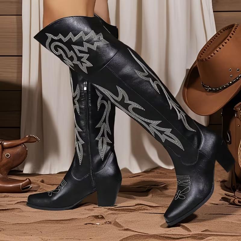 Botas vaqueras altas hasta la rodilla para mujer, estilo vintage, con plataforma bordada y puntiaguda, por encima de la rodilla, con punta cuadrada y tacón grueso, para vacaciones.