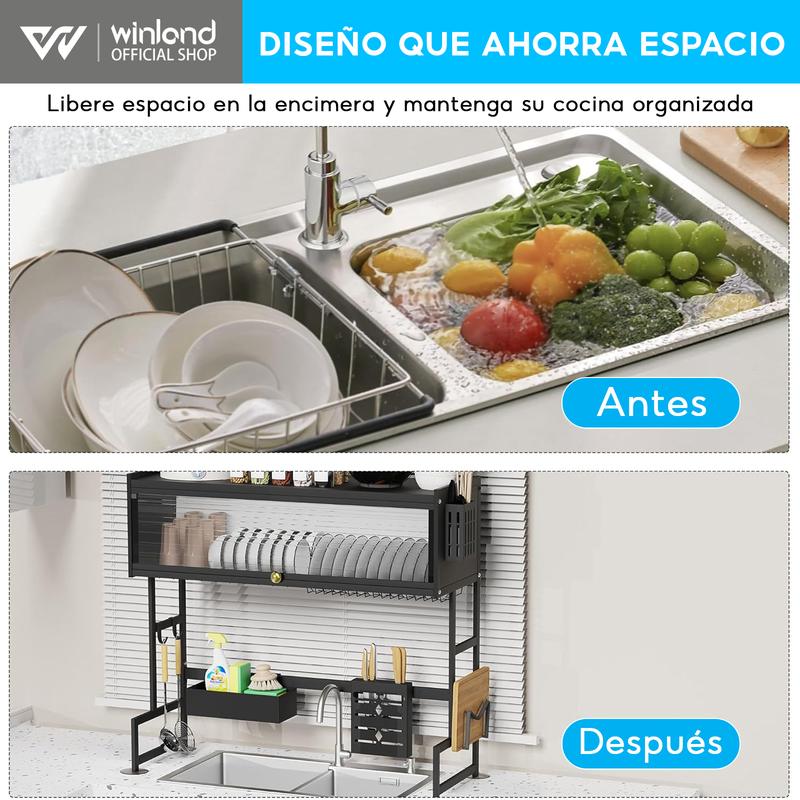 Escurridor De Trastes Acero Inoxidable 85cm Negro con Puertas Abatibles y Soporte para Cuchillos Antimanchas de Aceite y A Prueba de Polvo