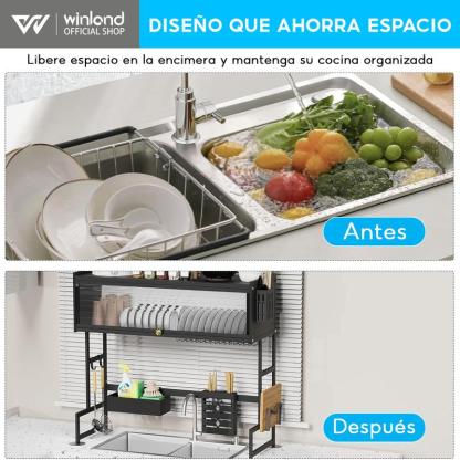 Escurridor De Trastes Acero Inoxidable 85cm Negro con Puertas Abatibles y Soporte para Cuchillos Antimanchas de Aceite y A Prueba de Polvo