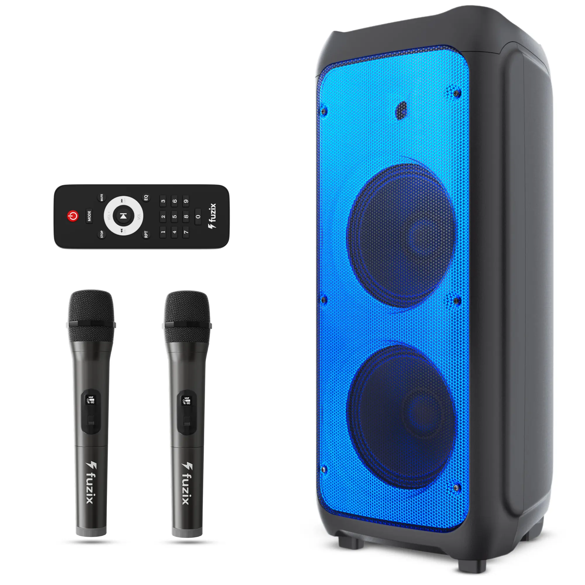 Altavoz Bluetooth portátil y recargable para karaoke: micrófonos inalámbricos duales, luces LED dinámicas, radio FM, USB, tarjeta Micro SD y control remoto.