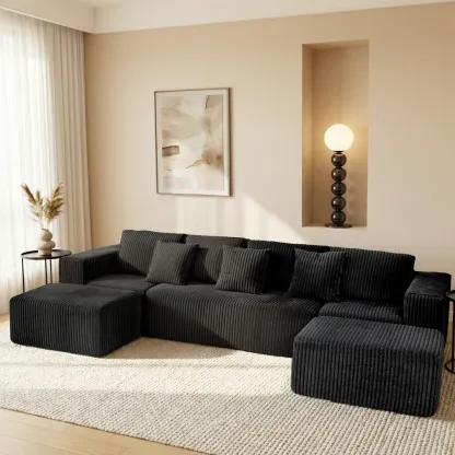 [Envío de 3 o 2 paquetes] [Sofá seccional] Sofá seccional modular en forma de U, tela de pana comprimida, sofá cama de estilo moderno para sala de estar, diseño reclinable que ahorra espacio - Sofá seccional convertible de pana