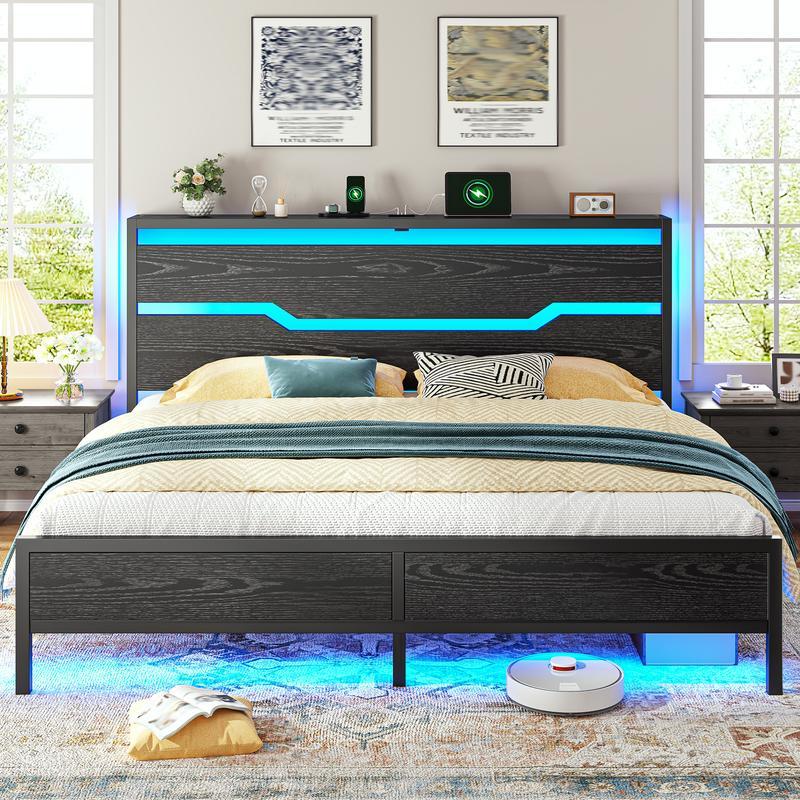 Marco de cama de madera para cama Queen King Full con cabecero y estante de almacenamiento, marco de cama tamaño Queen con luces LED y estación de carga, sin colchón, soporta hasta 900 libras con listones y marco de metal, sin ruido