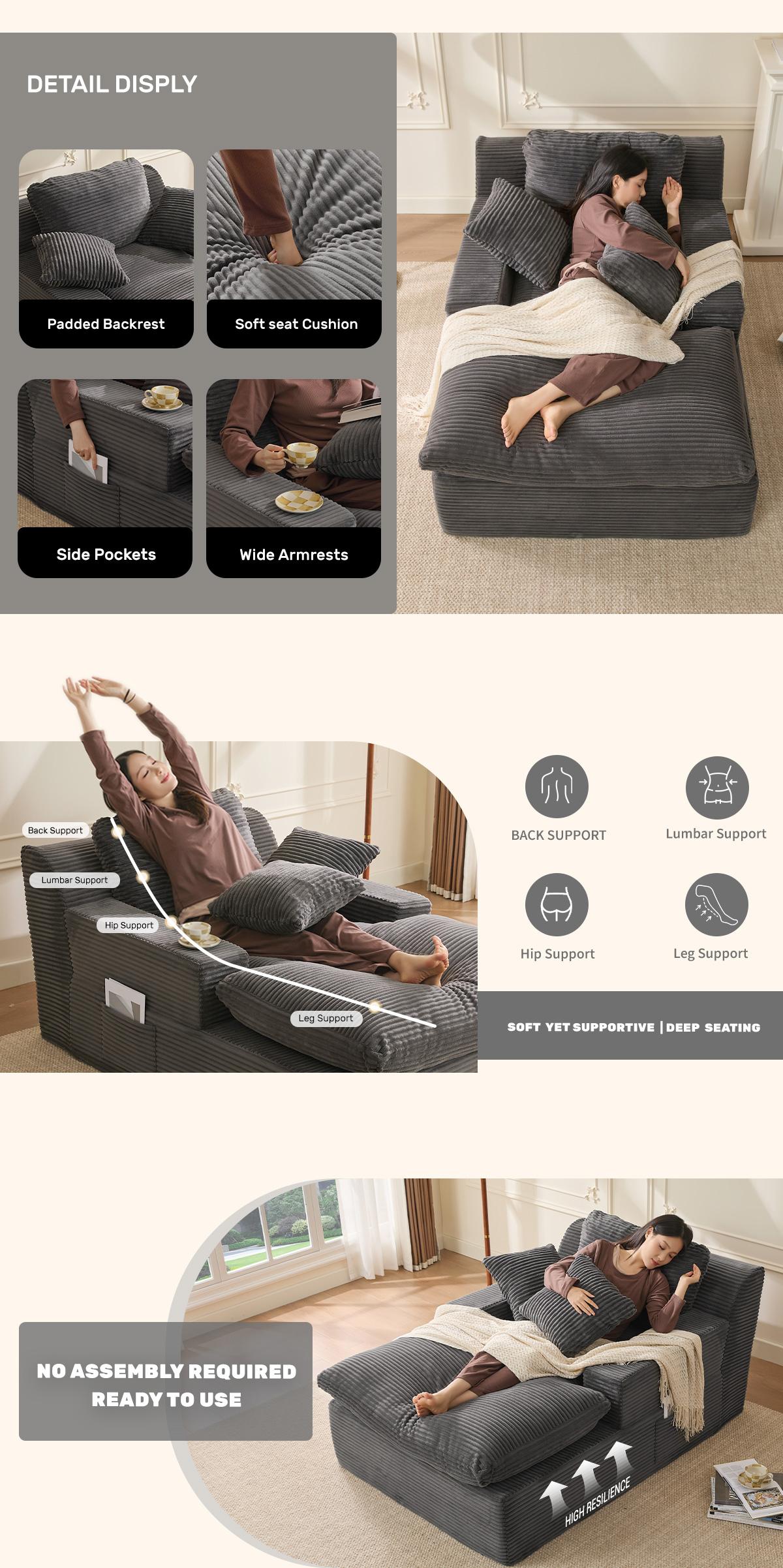 AFUSON 62" Oversized Boneless Chaise Lounge Chair, Extra Cloud Layer, Convertible Sleeper Sofa Couch with Removable Pillows & Side Pockets, Corduroy Upholstered Sofa Bed with Armrests for Living Room,sofa bed,Camel,couch bed,bean bag chair,couches