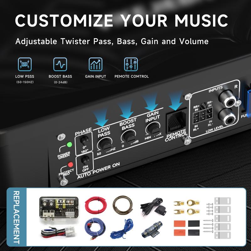 Subwoofer Ultra Delgado de 10" 1200W para Auto con Amplificador Integrado, Luz LED Azul, Control de Bajos Independiente, Aluminio Fundido, para Camioneta/SUV/Jeep