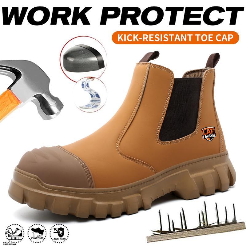 Zapatos de trabajo ligeros de color marrón con puntera de acero, antideslizantes, resistentes a salpicaduras, a impactos y a perforaciones, y transpirables.