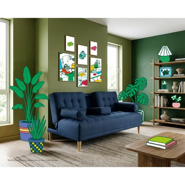 Sofá Cama de Lino Azul Makora Con Portavasos Modelo Queen