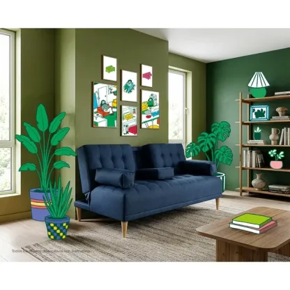 Sofá Cama de Lino Azul Makora Con Portavasos Modelo Queen