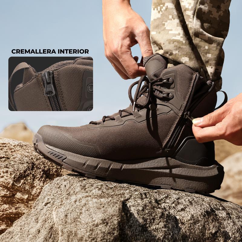 Botas de seguridad y militares de caña alta, color negro, fabricadas con tejido Oxford, forro de malla, cuero vegano y suela de goma ETPU, ideales para actividades al aire libre y trabajos de seguridad para hombres.