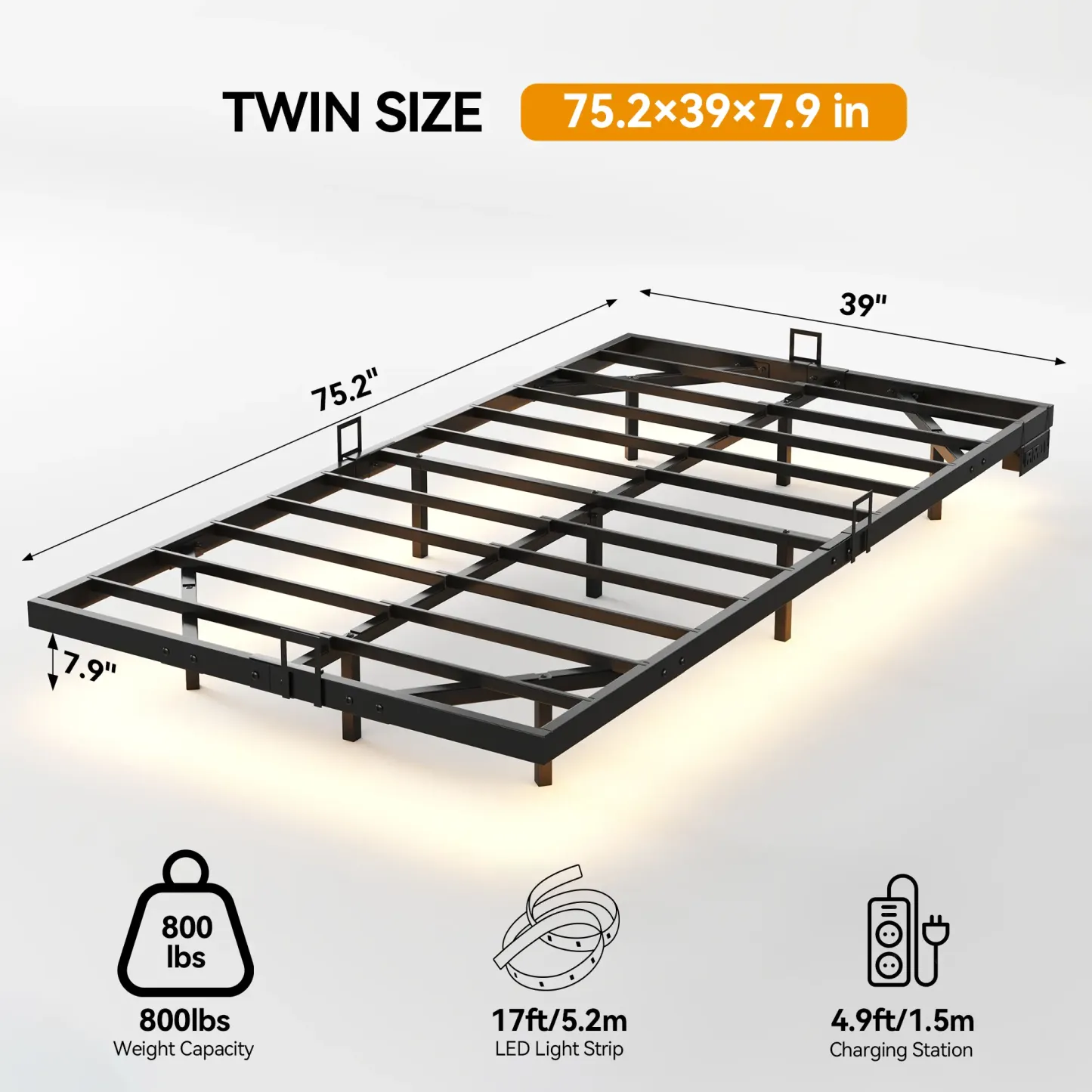 Estructura de cama flotante, base de plataforma metálica con luces LED, estación de carga con 2 tomas de corriente y puertos USB, no requiere somier, antideslizante, silenciosa, fácil montaje.