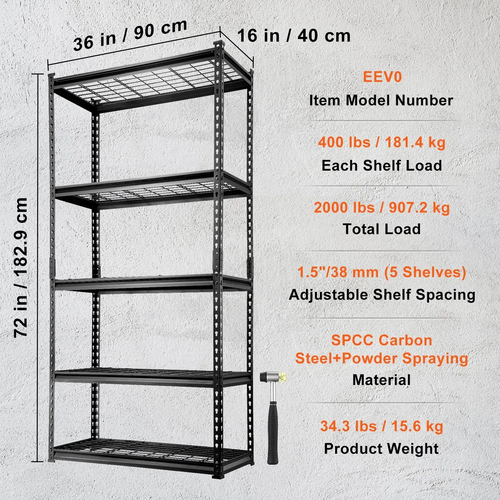 Estantería de almacenamiento VEVOR, ajustable de 5 niveles, capacidad de carga de 2000 lb, estante de garaje de metal resistente, organizador de malla de alambre, color negro, 36 pulgadas de largo x 16 pulgadas de ancho x 72 pulgadas de alto; adecuada par