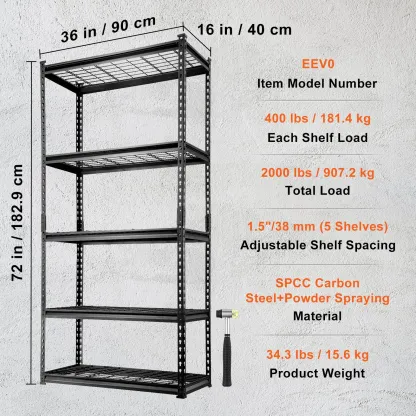 Estantería de almacenamiento VEVOR, ajustable de 5 niveles, capacidad de carga de 2000 lb, estante de garaje de metal resistente, organizador de malla de alambre, color negro, 36 pulgadas de largo x 16 pulgadas de ancho x 72 pulgadas de alto; adecuada par