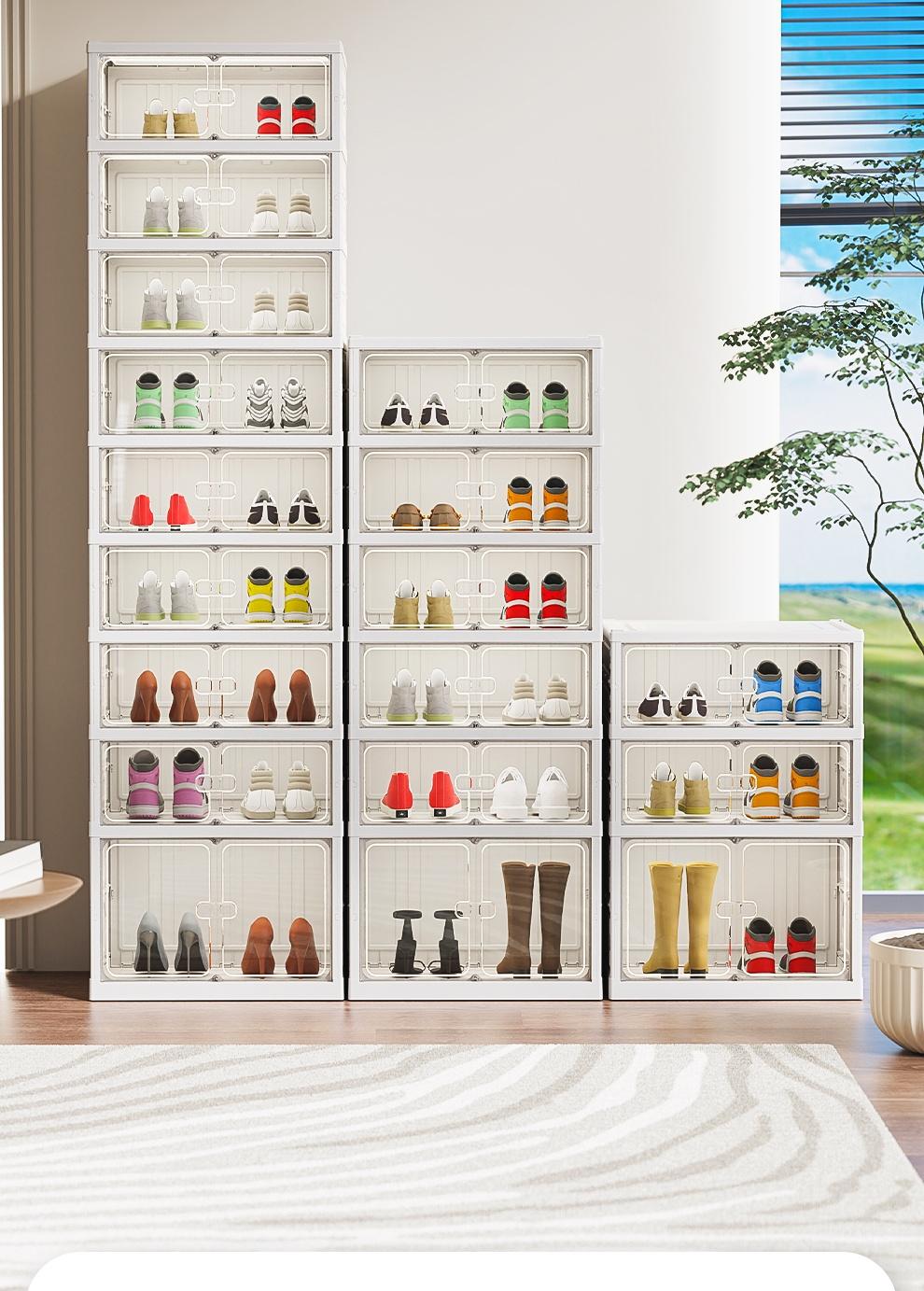 UFORU folding shoe rack, magnetic transparent door shoe cabinet, 9 layers, can store 18 pairs of shoes, simple design, large capacity, sturdy and stackable plastic shoe cabinet, space-saving, no installation required, convenient and practical.