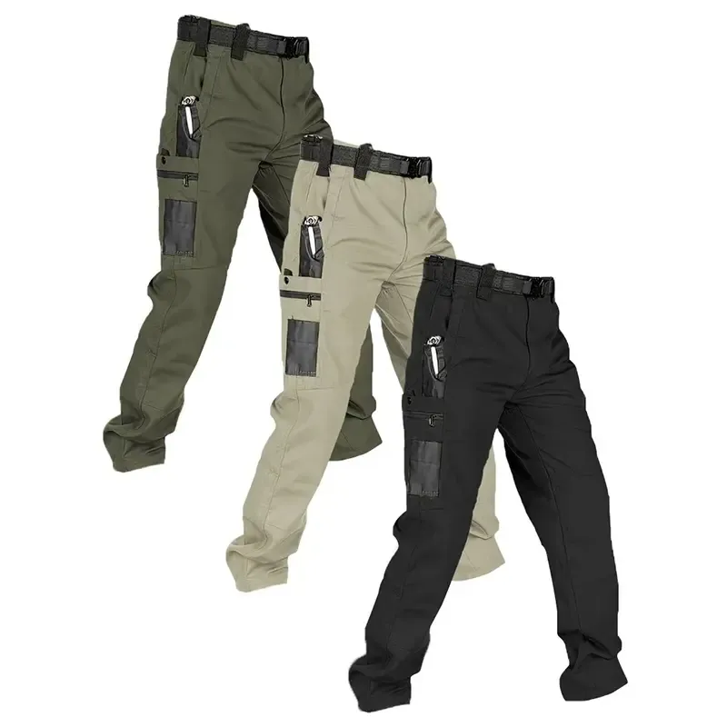 Pantalones de trabajo tácticos impermeables para hombre (color liso) — Set de 3 piezas: sin cinturón, multibolsillos, duraderos; ideales para senderismo al aire libre y uso casual.