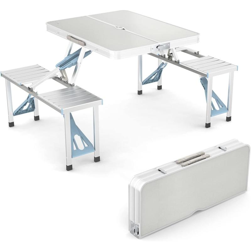 Mesa de Picnic Plegable Ubesgoo 1.2 m con 4 Asientos, Agujero para Sombrilla, Marco de Aluminio y Tablero de Plástico – Soporta 100 kg, Ideal para Camping, Jardín, Patio y Viajes