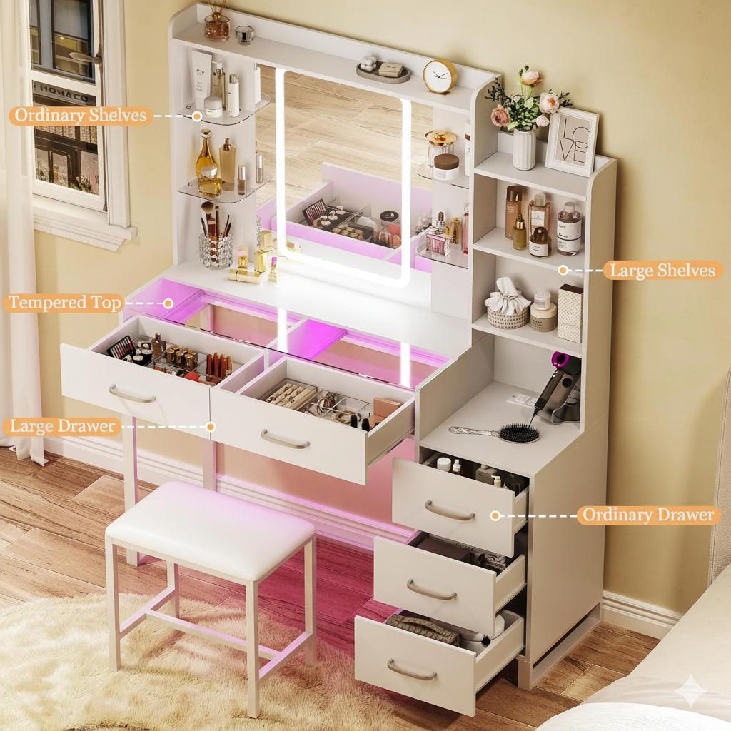 Vanity Desk with Mirror and LED Lights, 57.5" Makeup Vanity with Glass Top & Wireless Charging, Vanity with RGB Drawers, Power Outlet Safety Switch for Bedroom, White