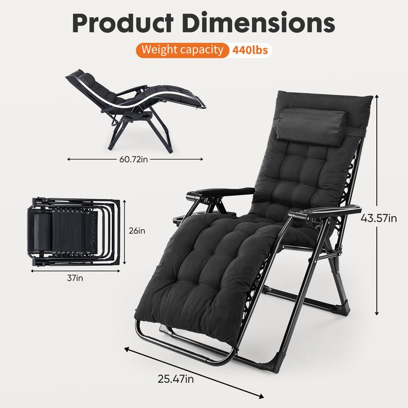 Silla de gravedad cero, sillón reclinable para acampar, sillas de patio reclinables con bandejas portavasos y cojín extraíble, sillón reclinable plegable para interior y exterior.