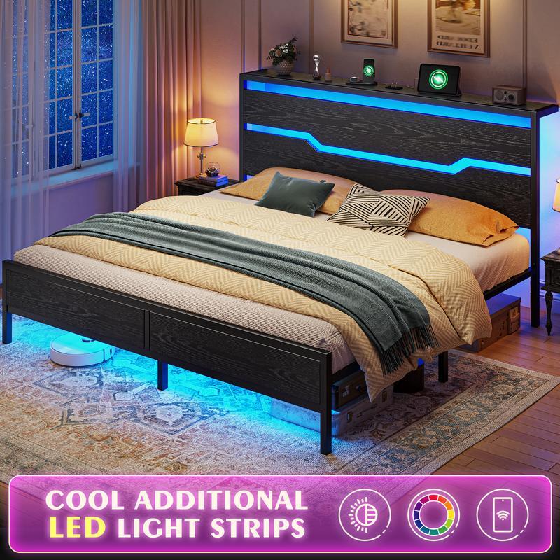 Marco de cama de madera para cama Queen King Full con cabecero y estante de almacenamiento, marco de cama tamaño Queen con luces LED y estación de carga, sin colchón, soporta hasta 900 libras con listones y marco de metal, sin ruido