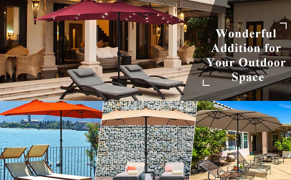 COSTWAY 15/13Ft Solar Patio Umbrella with Base, Extra Large Outdoor Double-Sided Twin Umbrella with 36 LED Lights & Crank Handle for Garden, Deck, Poolside, Patio