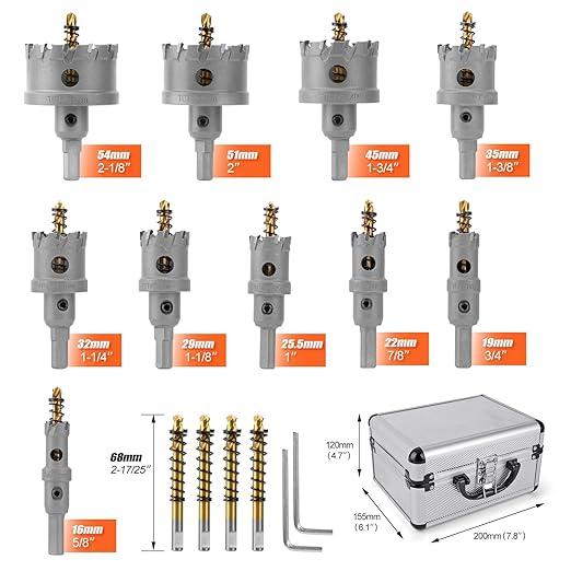 Kit de brocas de carburo para perforar metal TCT de 5/8" a 2-1/4" pulgadas, para corte de alta precisión en acero inoxidable, hierro, cobre y latón.
