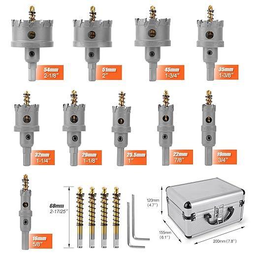 Kit de brocas de carburo para perforar metal TCT de 5/8" a 2-1/4" pulgadas, para corte de alta precisión en acero inoxidable, hierro, cobre y latón.