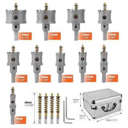 Kit de brocas de carburo para perforar metal TCT de 5/8" a 2-1/4" pulgadas, para corte de alta precisión en acero inoxidable, hierro, cobre y latón.
