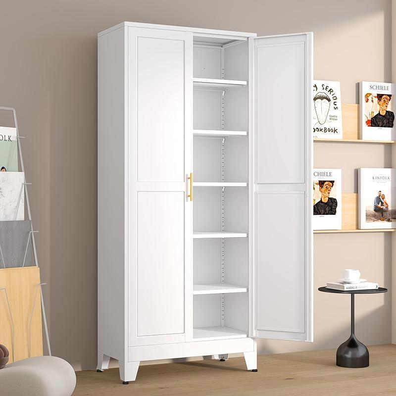 Alacena de 190 cm de alto, armario de cocina con 2 puertas y 5 estantes ajustables, de metal blanco, ideal para cocina, comedor, sala y baño.