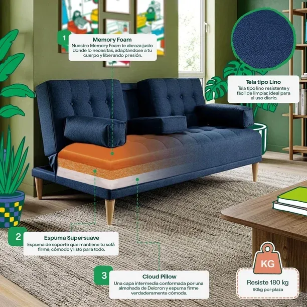 Sofá Cama de Lino Azul Makora Con Portavasos Modelo Queen