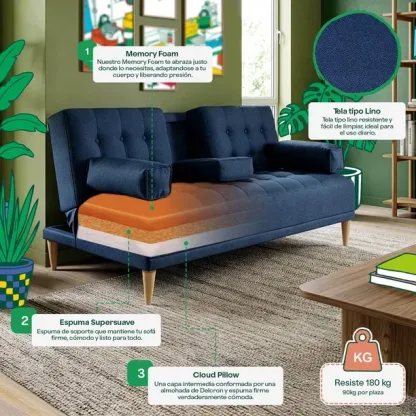 Sofá Cama de Lino Azul Makora Con Portavasos Modelo Queen