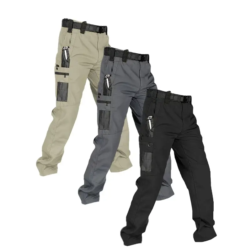 Pantalones de trabajo tácticos impermeables para hombre (color liso) — Set de 3 piezas: sin cinturón, multibolsillos, duraderos; ideales para senderismo al aire libre y uso casual.