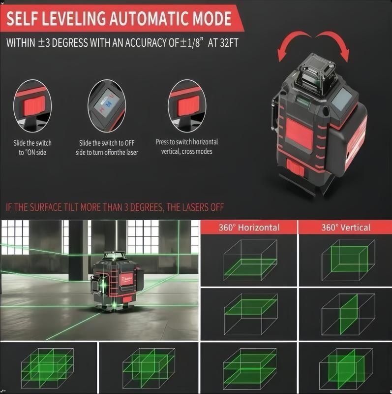 Nivel láser profesional de línea verde para exteriores con líneas horizontales y verticales, calibración automática precisa, herramienta de calidad profesional para construcción y jardinería.