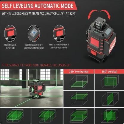 Nivel láser profesional de línea verde para exteriores con líneas horizontales y verticales, calibración automática precisa, herramienta de calidad profesional para construcción y jardinería.