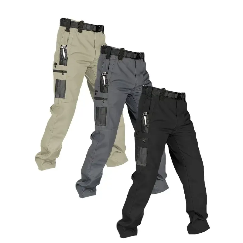 Pantalones de trabajo tácticos impermeables para hombre (color liso) — Set de 3 piezas: sin cinturón, multibolsillos, duraderos; ideales para senderismo al aire libre y uso casual.