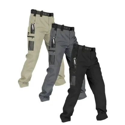 Pantalones de trabajo tácticos impermeables para hombre (color liso) — Set de 3 piezas: sin cinturón, multibolsillos, duraderos; ideales para senderismo al aire libre y uso casual.