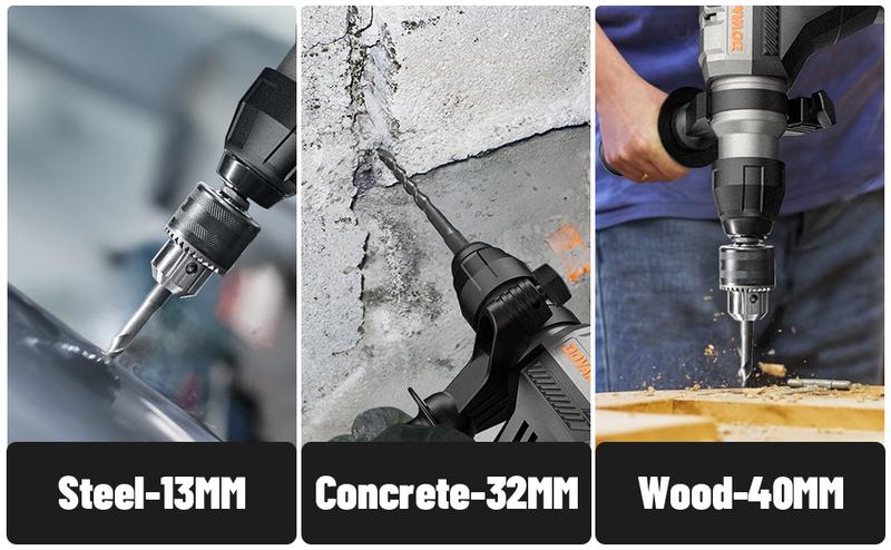 DOVAMAN RH15A 1-9/16'' SDS-Plus Rotary Hammer Drill, 4 Functions in One Knob, Safety Clutch, 6 Speeds, 4350BPM / 900RPM, Fit for Concrete, Wood, Steel