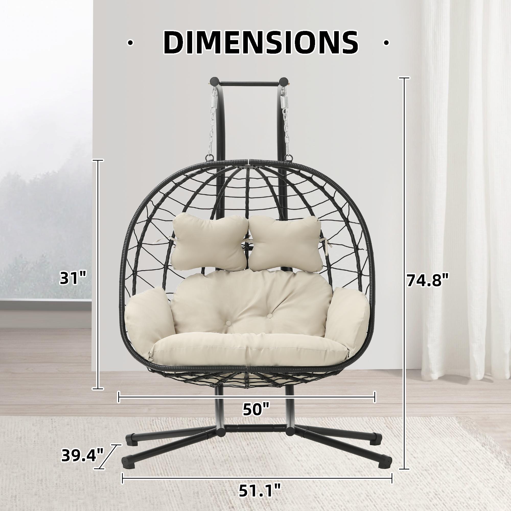 Double Hanging Egg Chair with Cushion, 700lbs Capacity - Foldable Patio Chair with Handwoven PE Wicker & Rust-Proof Frame, for Garden, Porch, Backyard Soft Lounge Swing