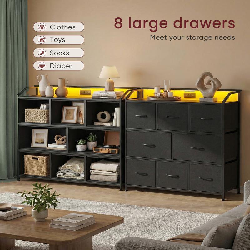 Cómoda Sweetcrispy con 8 cajones de tela, tomas de corriente y luz LED — Mueble de almacenamiento multifuncional y soporte para TV, ideal para dormitorio, sala de estar, oficina o pasillo.