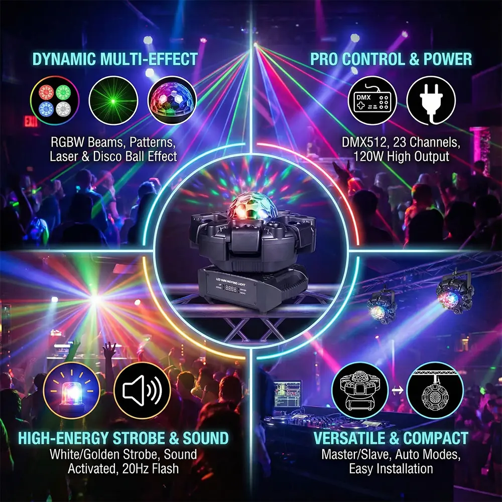 Luces DJ con cabeza móvil para fiestas – LED RGBW 6 en 1, 6 brazos, compatible DMX-512 y activación por sonido