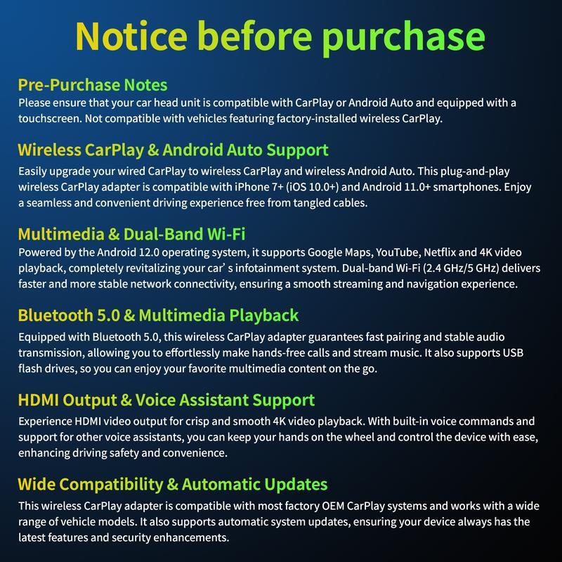 2026 Los adaptadores inalámbricos de carplay aibox admiten la aplicación Netflix / YouTube / tiktok para reproducir vídeos en la pantalla del automóvil (no admiten vehículos con carplay inalámbrico incorporado), versión avanzada 4G + 32G, funcionamiento e