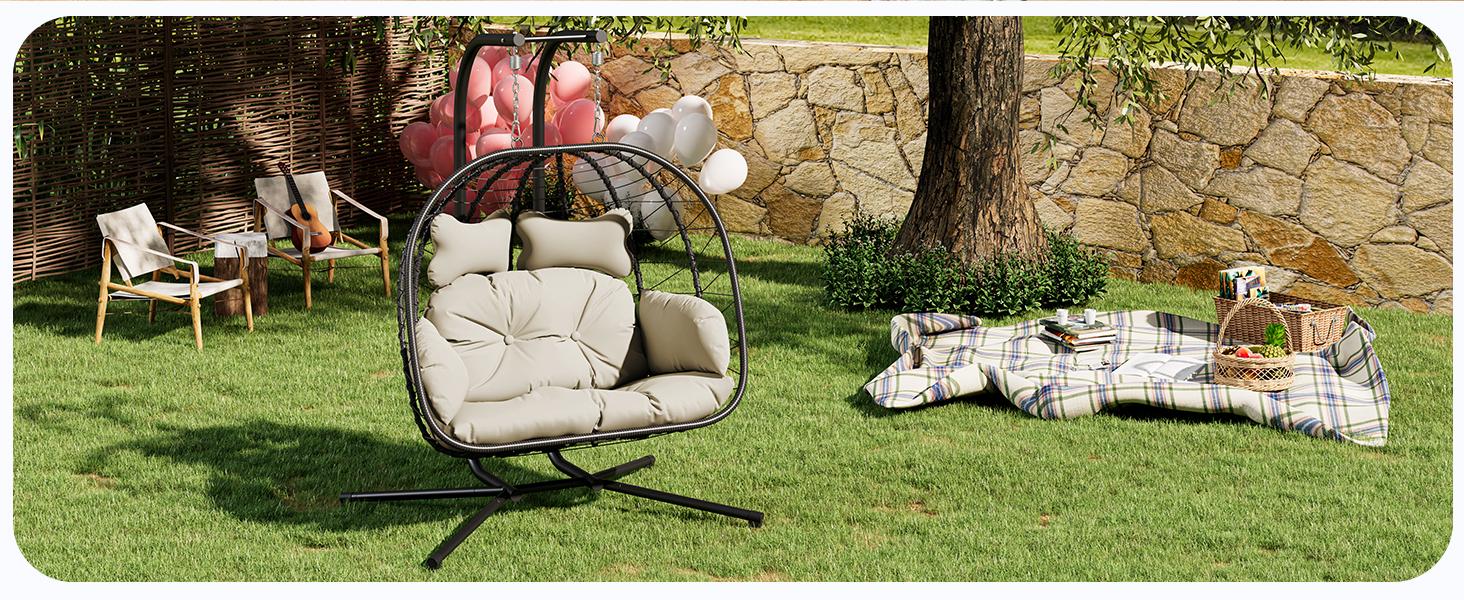 Double Hanging Egg Chair with Cushion, 700lbs Capacity - Foldable Patio Chair with Handwoven PE Wicker & Rust-Proof Frame, for Garden, Porch, Backyard Soft Lounge Swing