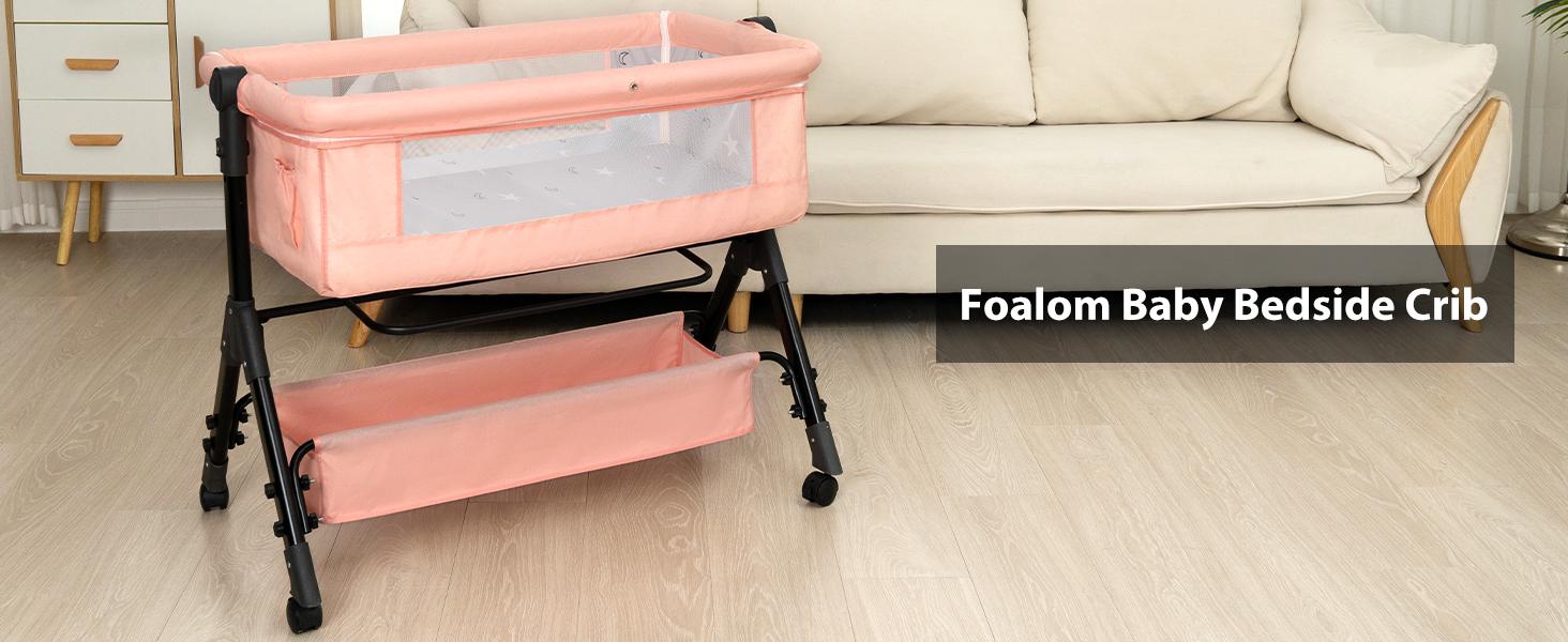 Baby Bassinet Crib, Crib for Infant&Newborn, Bedside Sleeper with Storage Basket and Mosquito Net, Easy to Fold, Height Adjustable, Portable Side Bed Crib